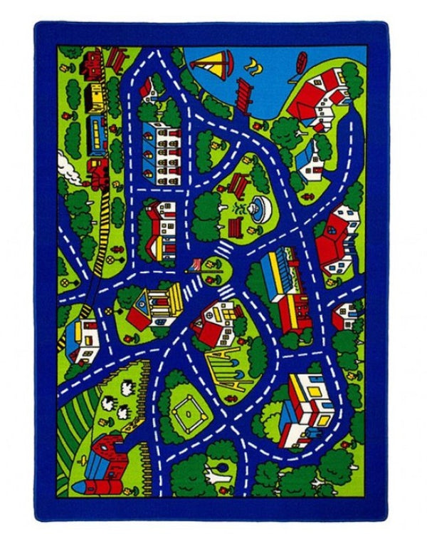 Brightstar City Roads Kids 5x8 Area Rug Colorful children's rug with road and vehicle pattern on a blue border