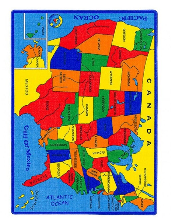 Brightstar US-Map Kids 5x8 Area Rug Colorful map of the United States on a blue border