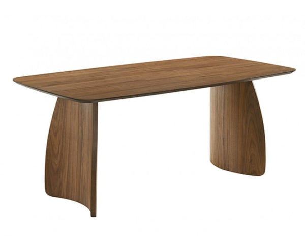 Bringa Walnut Beige Mid Century Modern Dining Table A modern rectangular wooden table with a medium brown wood grain finish, featuring curved sculptural legs, shown on a plain white background.