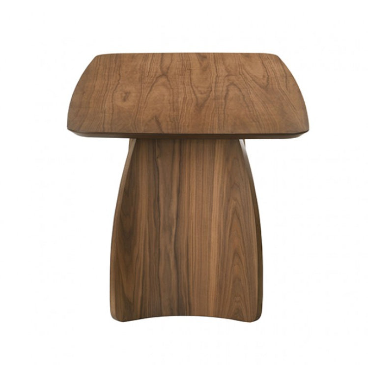 Bringa Walnut Beige Mid Century Modern Dining Table A modern 7-piece dining set featuring a rectangular wooden table and six matching chairs with light beige upholstered seats and backs, styled in a bright, contemporary dining room.