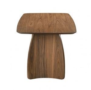Bringa Walnut Beige Mid Century Modern Dining Table A modern wooden side table with a thick, rounded rectangular top and a sculptural tapered pedestal base, crafted from walnut wood with prominent grain patterns.