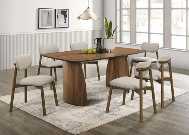 Bringa Walnut Beige Mid Century Modern Dining Table A modern 7-piece dining set featuring a rectangular wooden table and six matching chairs with light beige upholstered seats and backs, styled in a bright, contemporary dining room.
