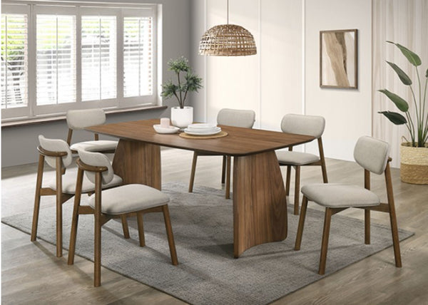 Bringa Walnut Beige Mid Century Modern Dining Table A modern 7-piece dining set featuring a rectangular wooden table and six matching chairs with light beige upholstered seats and backs, styled in a bright, contemporary dining room.