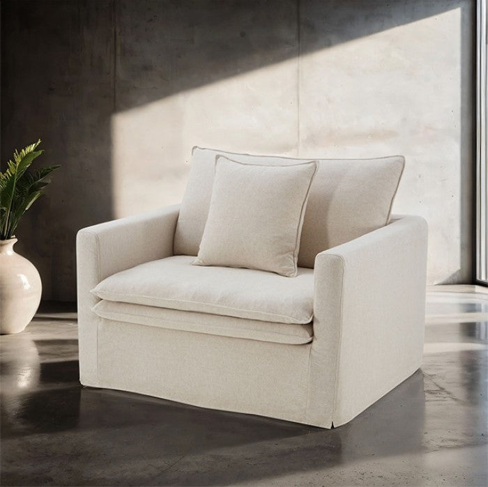 Bryant Chair Linen Taupe Fabric armchair with cushions in a modern room setting