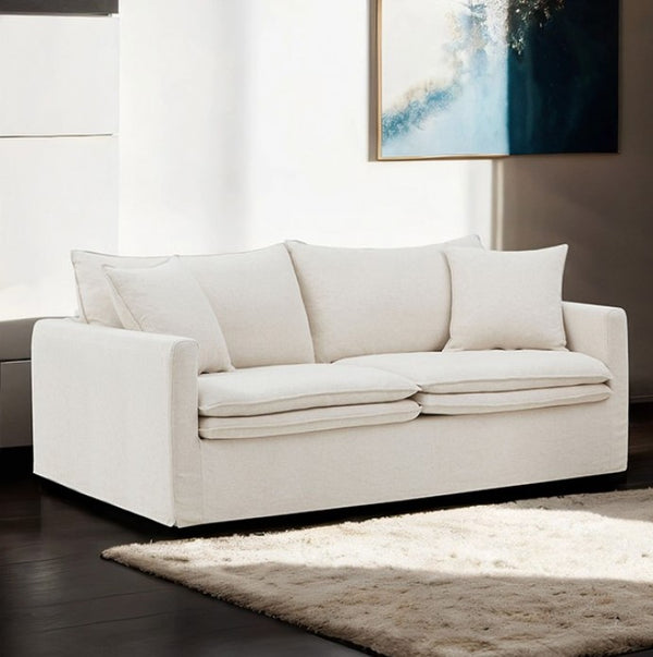 Bryant Sofa Linen Taupe Fabric White sofa in a living room with a painting on the wall