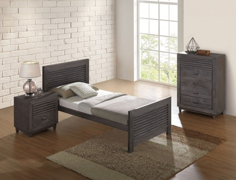 Buck Charcoal Brown Solid Hardwood Twin Bed Modern bedroom with wooden bed, nightstands, and dresser against a white brick wall.
