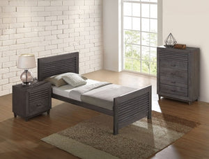 Buck Charcoal Brown Solid Hardwood Twin Bed Modern bedroom with wooden bed, nightstands, and dresser against a white brick wall.