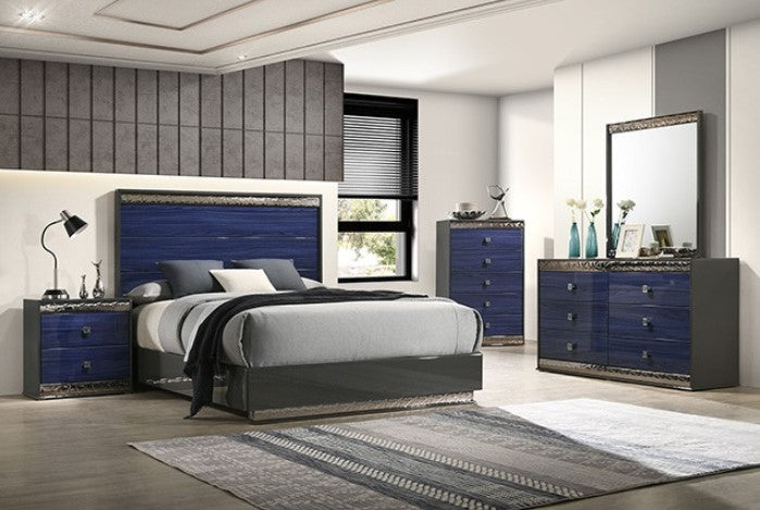 Burbandy Modern Glam Dresser Blue dresser with decorative mirror in a room setting