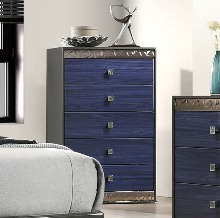 Burbandy Modern Glam Chest Blue dresser with silver handles in a bedroom setting