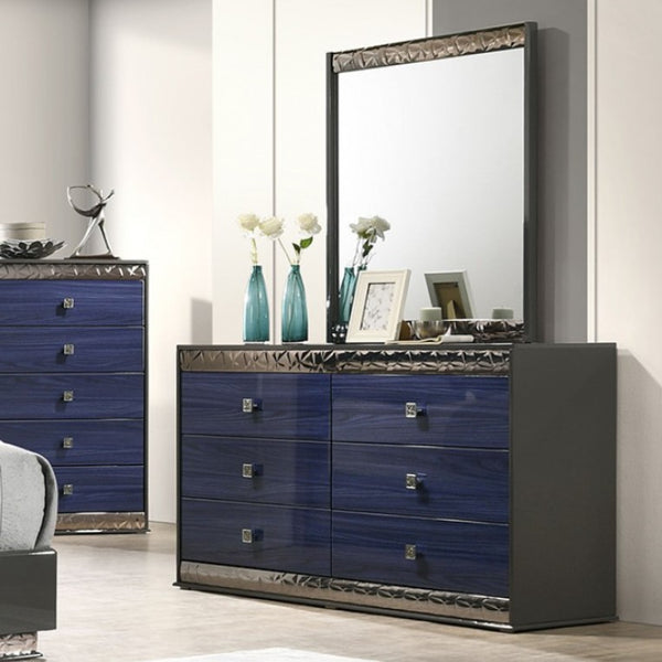 Burbandy Modern Glam Dresser Blue dresser with decorative mirror in a room setting