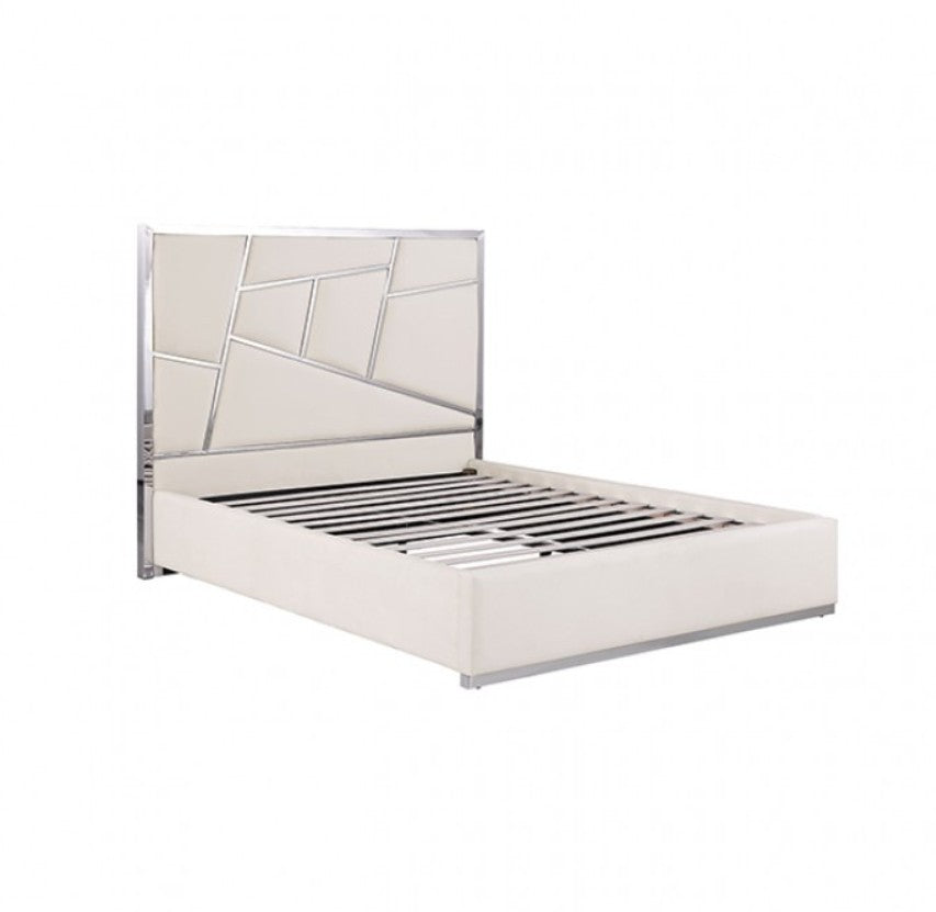 Burton Contemporary Glam White Silver Upholstered Bed A modern cream upholstered bed with a geometric segmented headboard, styled in a bright, contemporary bedroom with white bedding, matching nightstands, and a neutral abstract painting on the wall.