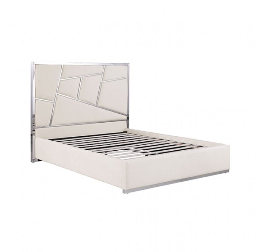 Burton Contemporary Glam White Silver Upholstered Bed A modern cream upholstered bed with a geometric segmented headboard, styled in a bright, contemporary bedroom with white bedding, matching nightstands, and a neutral abstract painting on the wall.