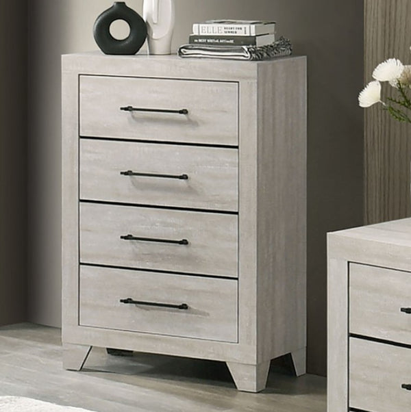 Carllos Contemporary Light Gray Chest Gray dresser with four drawers and decorative items on top against a neutral wall.