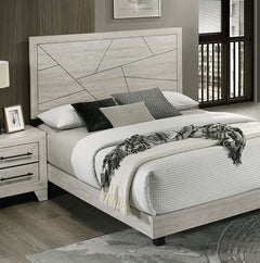 Carllos Contemporary Light Gray Geometric Design Headboard Platform Bed Bedroom with a bed featuring a geometric headboard and decorative pillows.