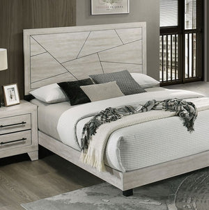 Carllos Contemporary Light Gray Geometric Design Headboard Platform Bed Bedroom with a bed featuring a geometric headboard and decorative pillows.