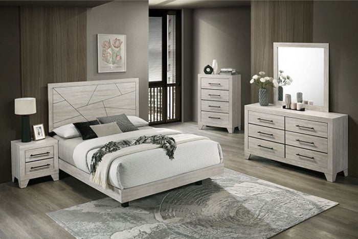 Carllos Contemporary Light Gray Geometric Design Headboard Platform Bed Bedroom with a bed featuring a geometric headboard and decorative pillows.