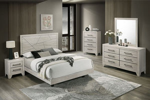 Carllos Contemporary Light Gray Geometric Design Headboard Platform Bed Neatly arranged bedroom with a bed, nightstands, dresser, and mirror.