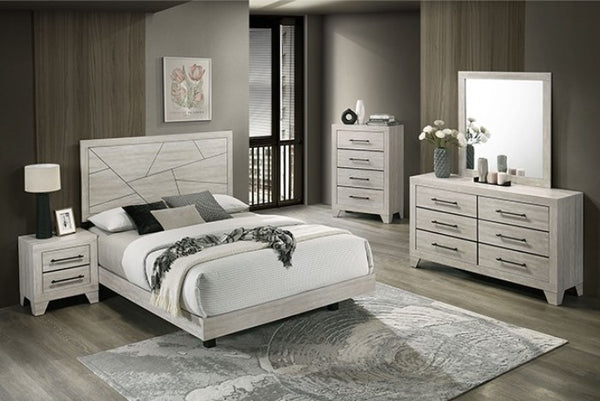 Carllos Contemporary Light Gray Geometric Design Headboard Platform Bed Neatly arranged bedroom with a bed, nightstands, dresser, and mirror.