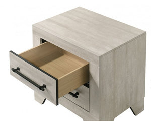 Wooden nightstand with open drawer on a white background
