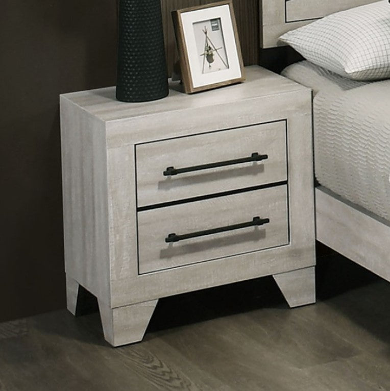 Carllos Contemporary Light Gray Nightstand  Gray nightstand with two drawers next to a bed in a bedroom setting.