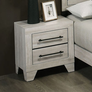 Carllos Contemporary Light Gray Nightstand  Gray nightstand with two drawers next to a bed in a bedroom setting.