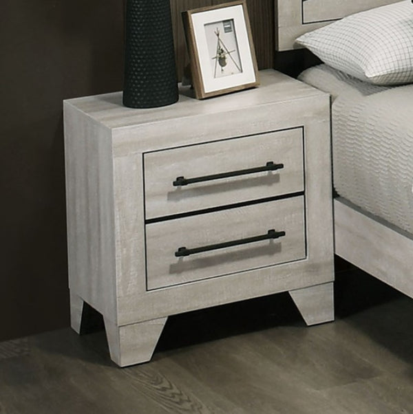 Carllos Contemporary Light Gray Nightstand  Gray nightstand with two drawers next to a bed in a bedroom setting.
