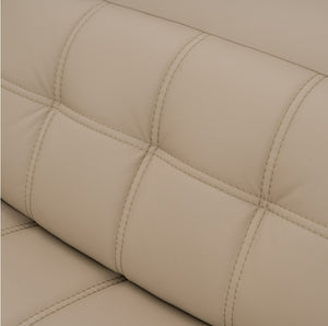 Carney 3 Recliners Beige Leather Modern Sectional Sofa Close-up of a beige tufted leather or faux leather surface with stitched quilted panels and visible grain texture.