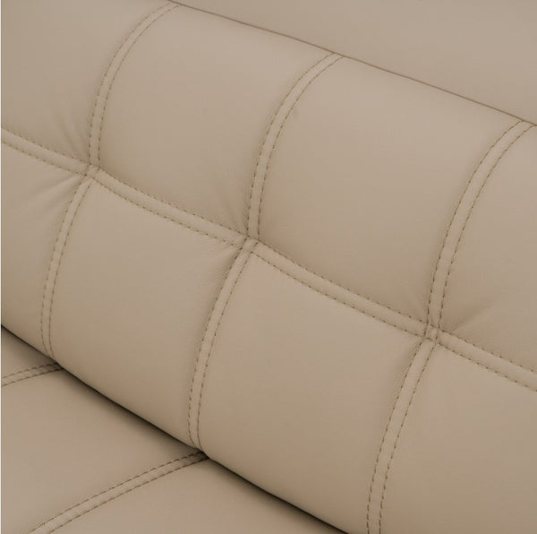 Carney 3 Recliners Beige Leather Modern Sectional Sofa Close-up of a beige tufted leather or faux leather surface with stitched quilted panels and visible grain texture.