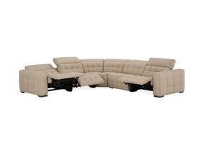 Carney 3 Recliners Beige Leather Modern Sectional Sofa A beige tufted sectional sofa with two reclining seats shown in a partially extended configuration, photographed against a solid white background.