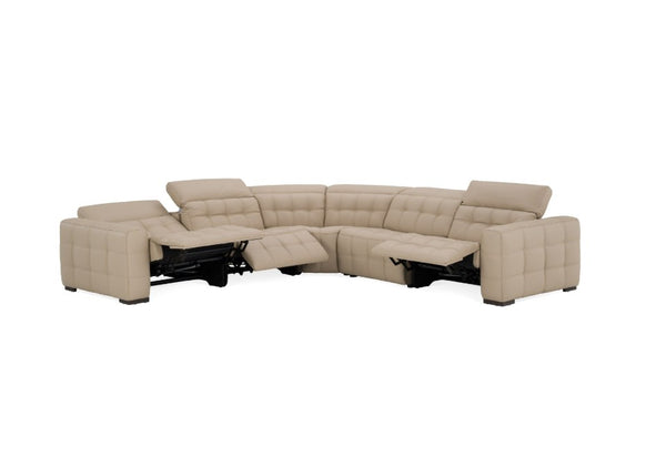 Carney 3 Recliners Beige Leather Modern Sectional Sofa A beige tufted sectional sofa with two reclining seats shown in a partially extended configuration, photographed against a solid white background.