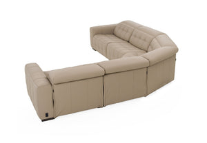 Carney 3 Recliners Beige Leather Modern Sectional Sofa A curved modular sectional sofa upholstered in light beige tufted leather, shown from a three-quarters angle on a solid white background.