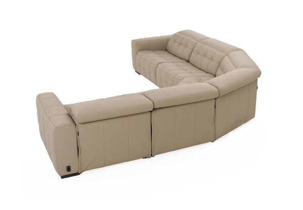 Carney 3 Recliners Beige Leather Modern Sectional Sofa A curved modular sectional sofa upholstered in light beige tufted leather, shown from a three-quarters angle on a solid white background.