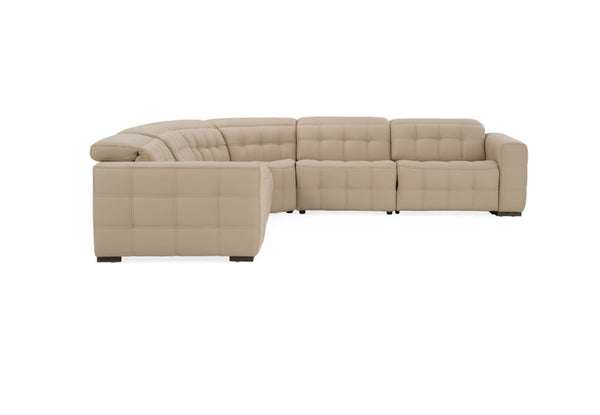 Carney 3 Recliners Beige Leather Modern Sectional Sofa A modern tufted sectional sofa in a light beige fabric, featuring a left-facing chaise lounge and segmented back cushions, shown against a plain white background.