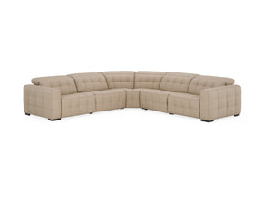Carney 3 Recliners Beige Leather Modern Sectional Sofa A light beige tufted sectional sofa with a left-facing chaise lounge, shown from a three-quarter angle on a solid white background.