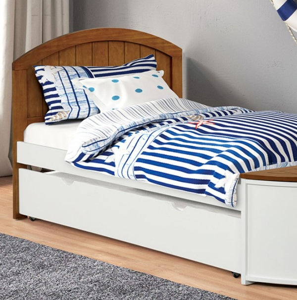 Carnivalls Two Tone Twin Captain Bed Bed with white and blue striped bedding and wooden headboard in a room.