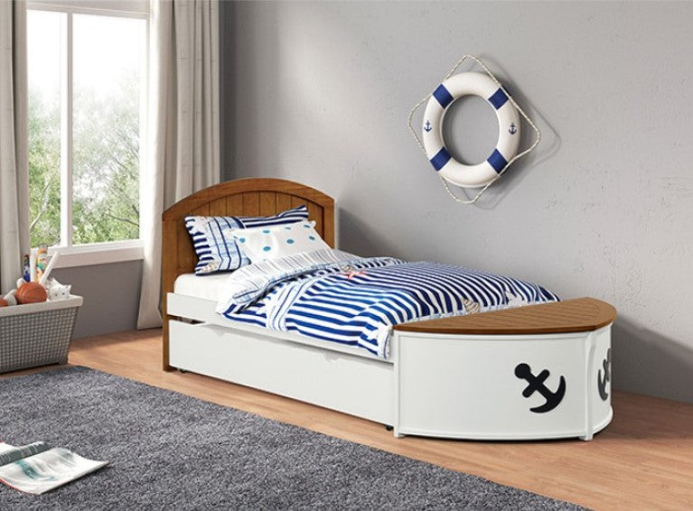 Carnivalls Two Tone Twin Captain Bed Children's bed with nautical theme in a room with a window and gray walls.
