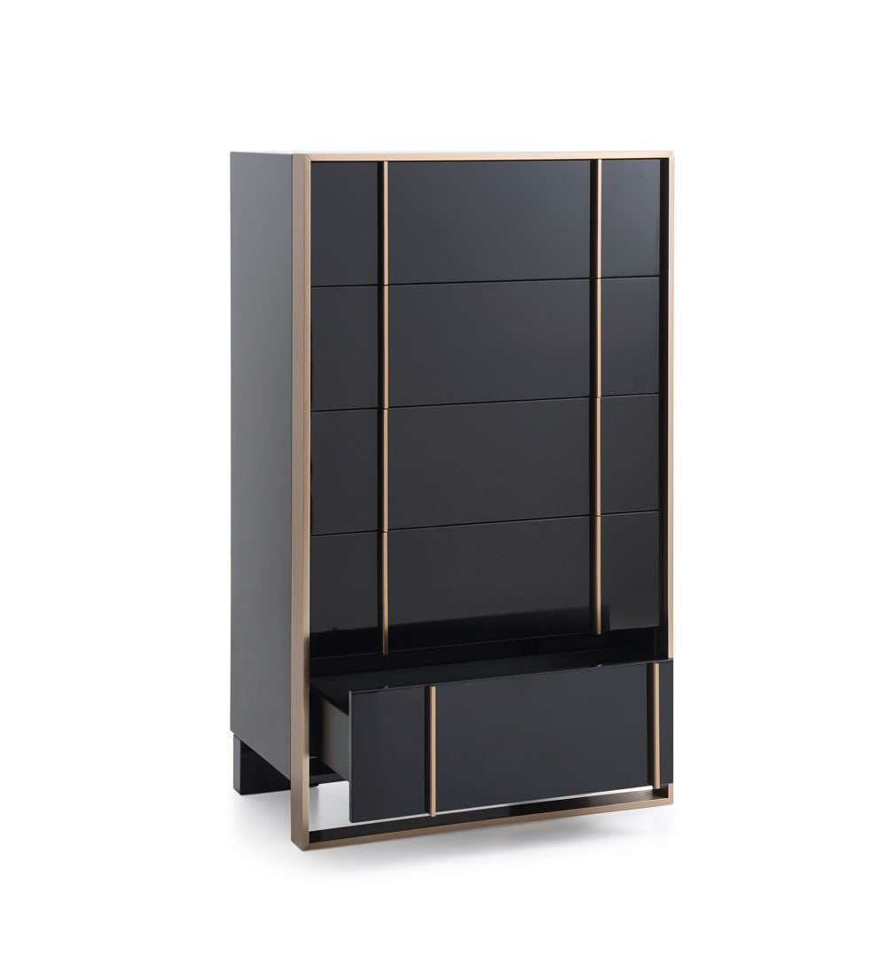 Cartier Brushed Bronze Black Chest 5 Drawer Modern tall cabinet with glass panels on a white background