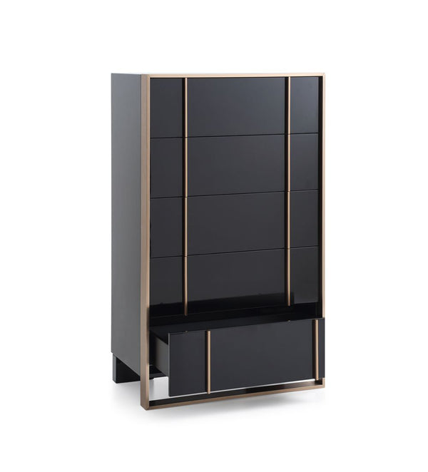 Cartier Brushed Bronze Black Chest 5 Drawer Tall black cabinet with multiple drawers on a white background