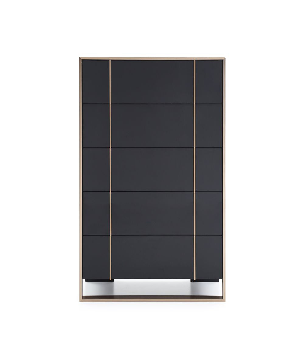 Cartier Brushed Bronze Black Chest 5 Drawer Modern tall cabinet with glass panels on a white background