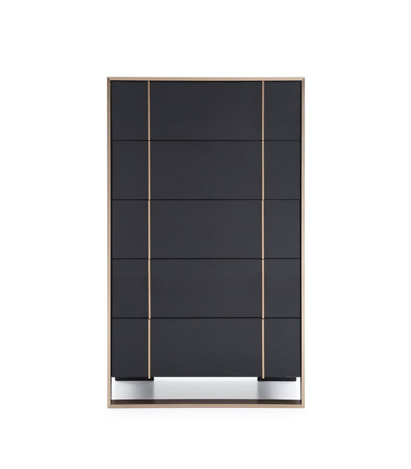 Cartier Brushed Bronze Black Chest 5 Drawer Black dresser with gold accents on a white background