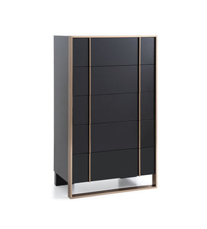 Cartier Brushed Bronze Black Chest 5 Drawer Black cabinet with wooden frame on a white background