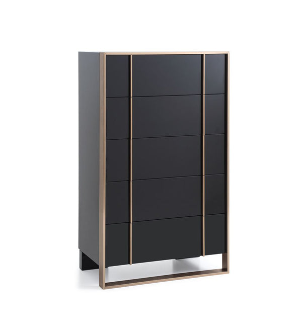 Cartier Brushed Bronze Black Chest 5 Drawer Black cabinet with wooden frame on a white background