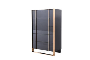 Cartier Brushed Bronze Black Chest 5 Drawer Modern tall cabinet with glass panels on a white background