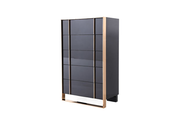 Cartier Brushed Bronze Black Chest 5 Drawer Modern tall cabinet with glass panels on a white background