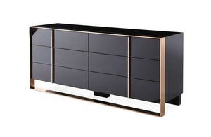 Cartier Brushed Bronze Black 6 Drawer Dresser Black and gold sideboard with reflective surface on a white background