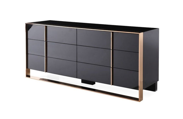 Cartier Brushed Bronze Black 6 Drawer Dresser Black and gold sideboard with reflective surface on a white background