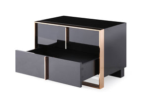 Cartier Brushed Bronze Black Nightstand A modern black nightstand with a glossy finish, featuring a top shelf and two pull-out drawers. The furniture is accented with a rose gold metal frame and handles, shown on a plain white background.