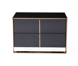 Cartier Brushed Bronze Black Nightstand A modern two-drawer nightstand or side table with a glossy black finish and a metallic rose gold frame, shown against a plain white background.