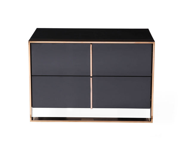 Cartier Brushed Bronze Black Nightstand A modern two-drawer nightstand or side table with a glossy black finish and a metallic rose gold frame, shown against a plain white background.