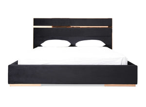 Cartier Brushed Bronze Black Velvet Modern Style Bedroom Black bed frame with white bedding on a white background